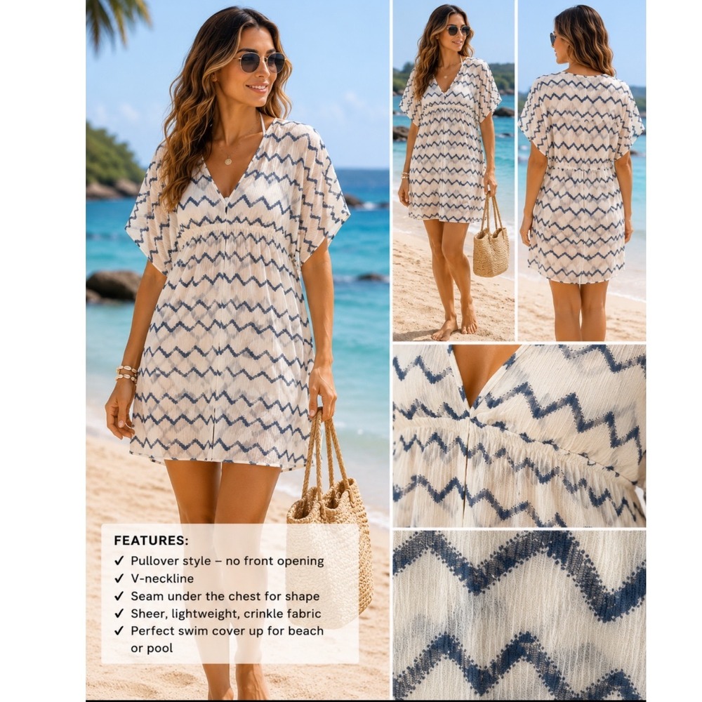 Old Navy Women L Blue/Gray White Chevron V-Neck Crinkle Sheer Swim CoverUp Dress